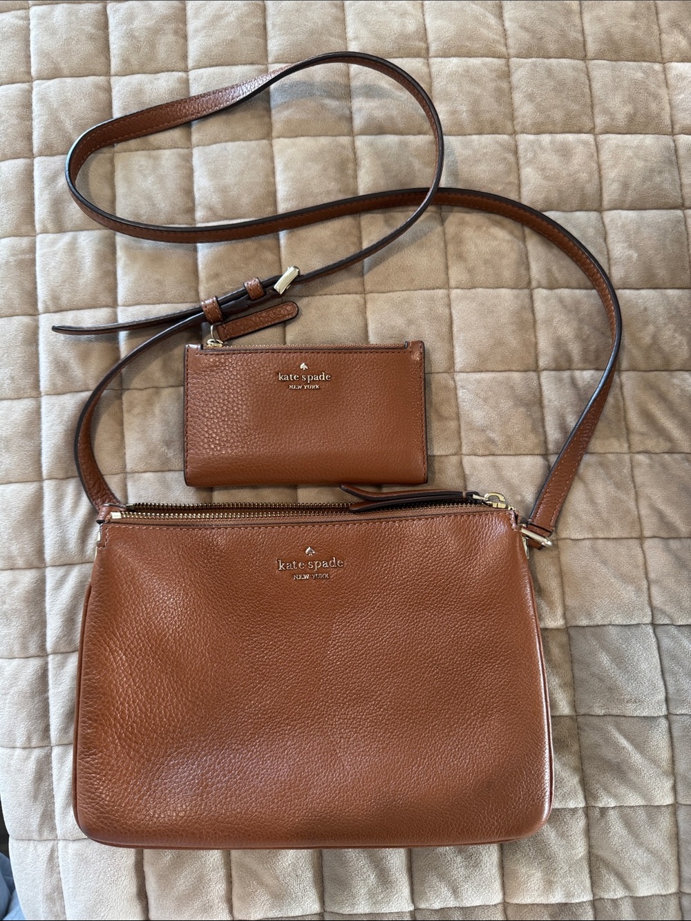 kate spade brown pebbled leather crossbody with matching cardholder wallet